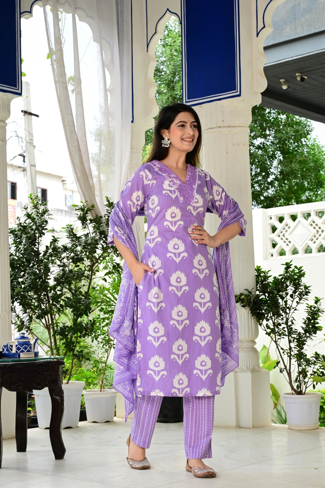 Lavender Pure Cotton 3-Piece Suit Set with White Floral Print