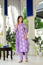 Lavender Pure Cotton 3-Piece Suit Set with White Floral Print