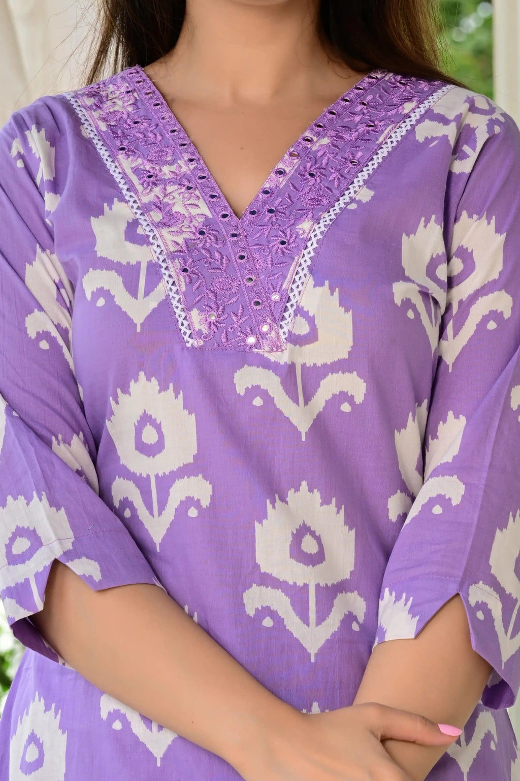 Lavender Pure Cotton 3-Piece Suit Set with White Floral Print