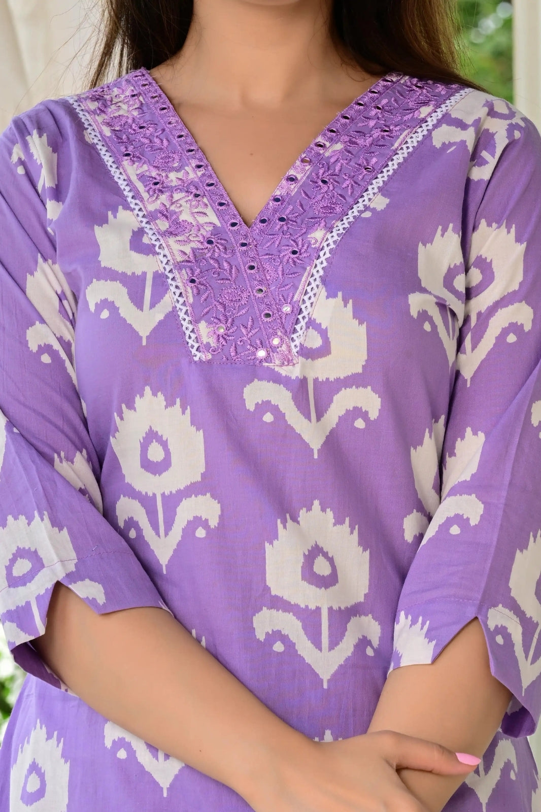 Lavender Pure Cotton 3-Piece Suit Set with White Floral Print