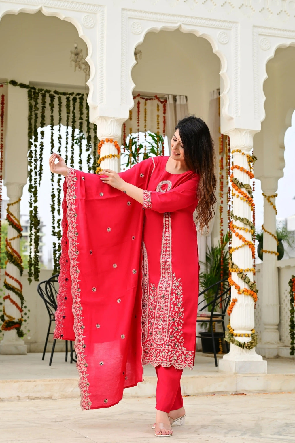 Rani Pink Silk 3-Piece Zari Work Suit Set with Organza Dupatta