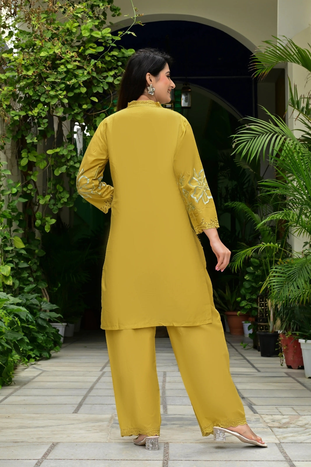 Mustard Heavy Mal Cotton Co-ord Set with Self Embroidery & Cutwork
