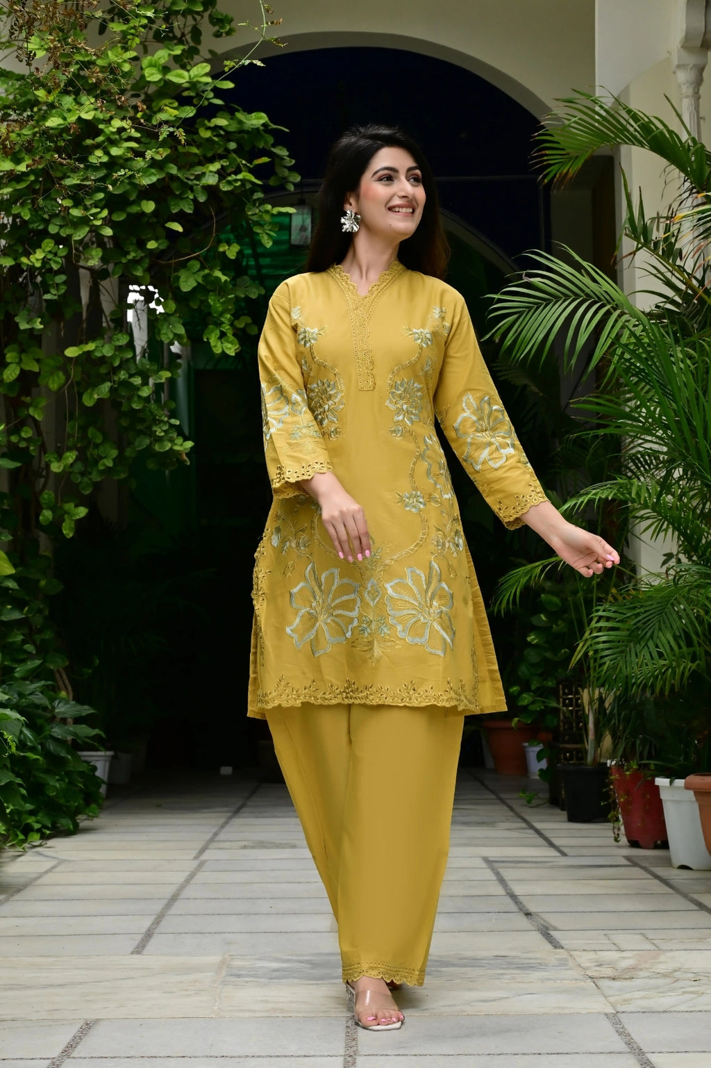 Mustard Heavy Mal Cotton Co-ord Set with Self Embroidery & Cutwork