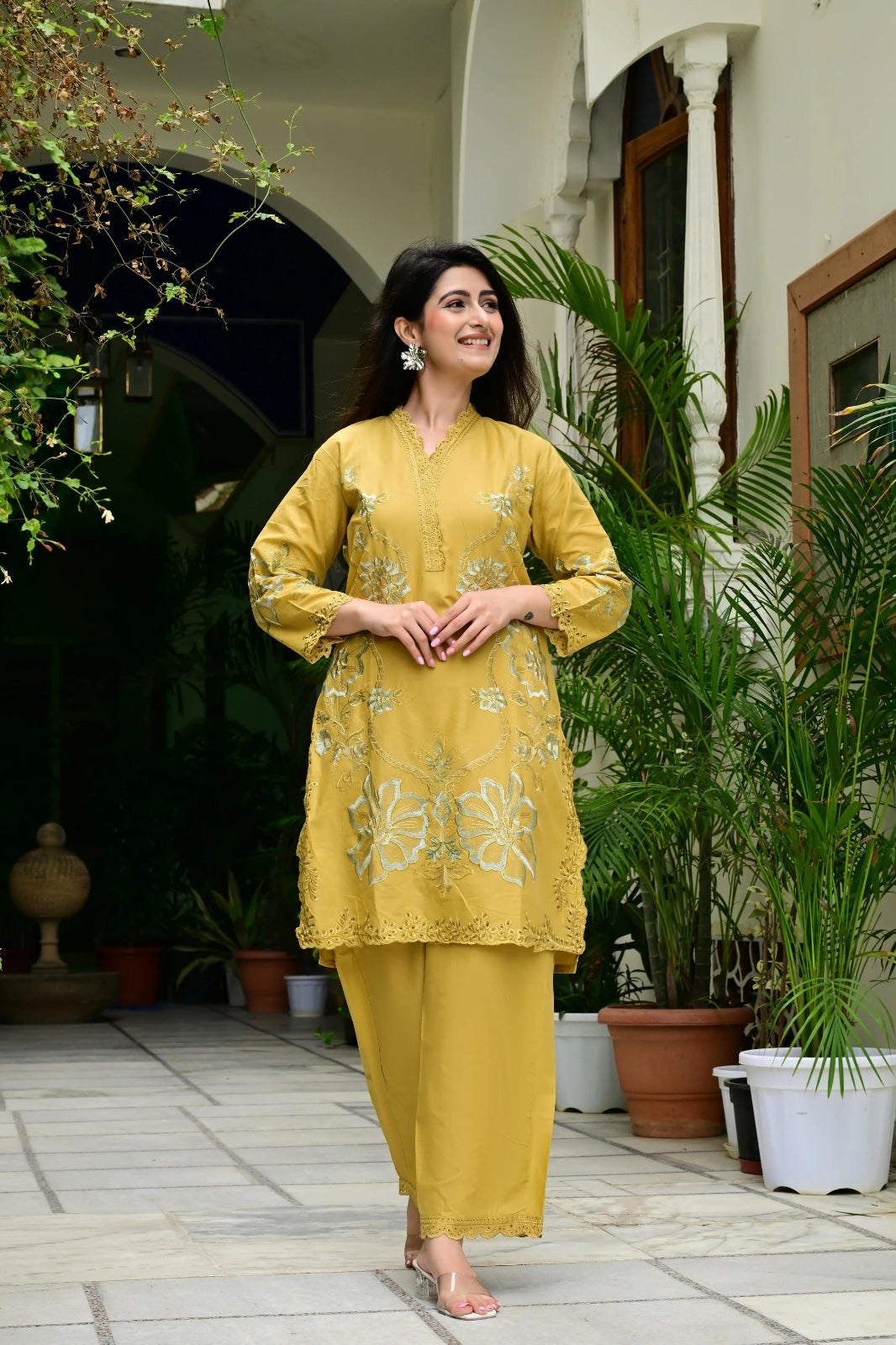 Mustard Heavy Mal Cotton Co-ord Set with Self Embroidery & Cutwork
