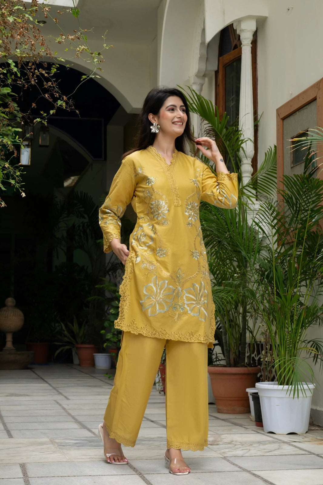 Mustard Heavy Mal Cotton Co-ord Set with Self Embroidery & Cutwork