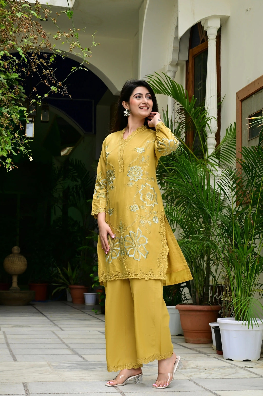 Mustard Heavy Mal Cotton Co-ord Set with Self Embroidery & Cutwork
