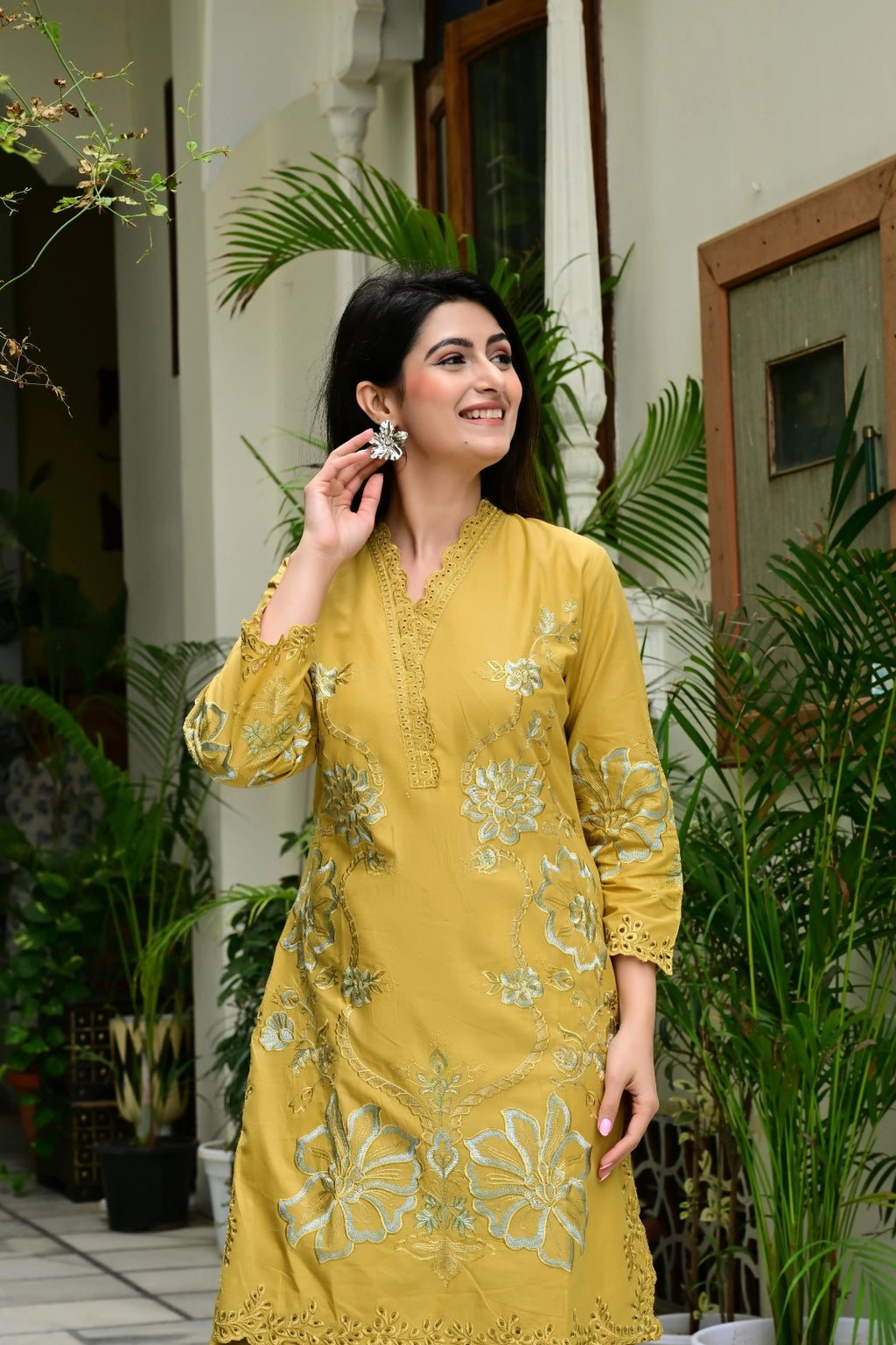 Mustard Heavy Mal Cotton Co-ord Set with Self Embroidery & Cutwork