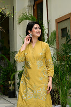Mustard Heavy Mal Cotton Co-ord Set with Self Embroidery & Cutwork