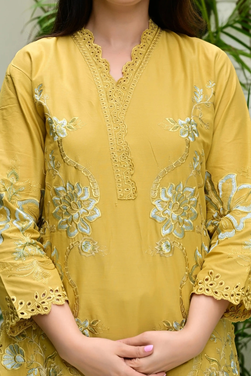 Mustard Heavy Mal Cotton Co-ord Set with Self Embroidery & Cutwork