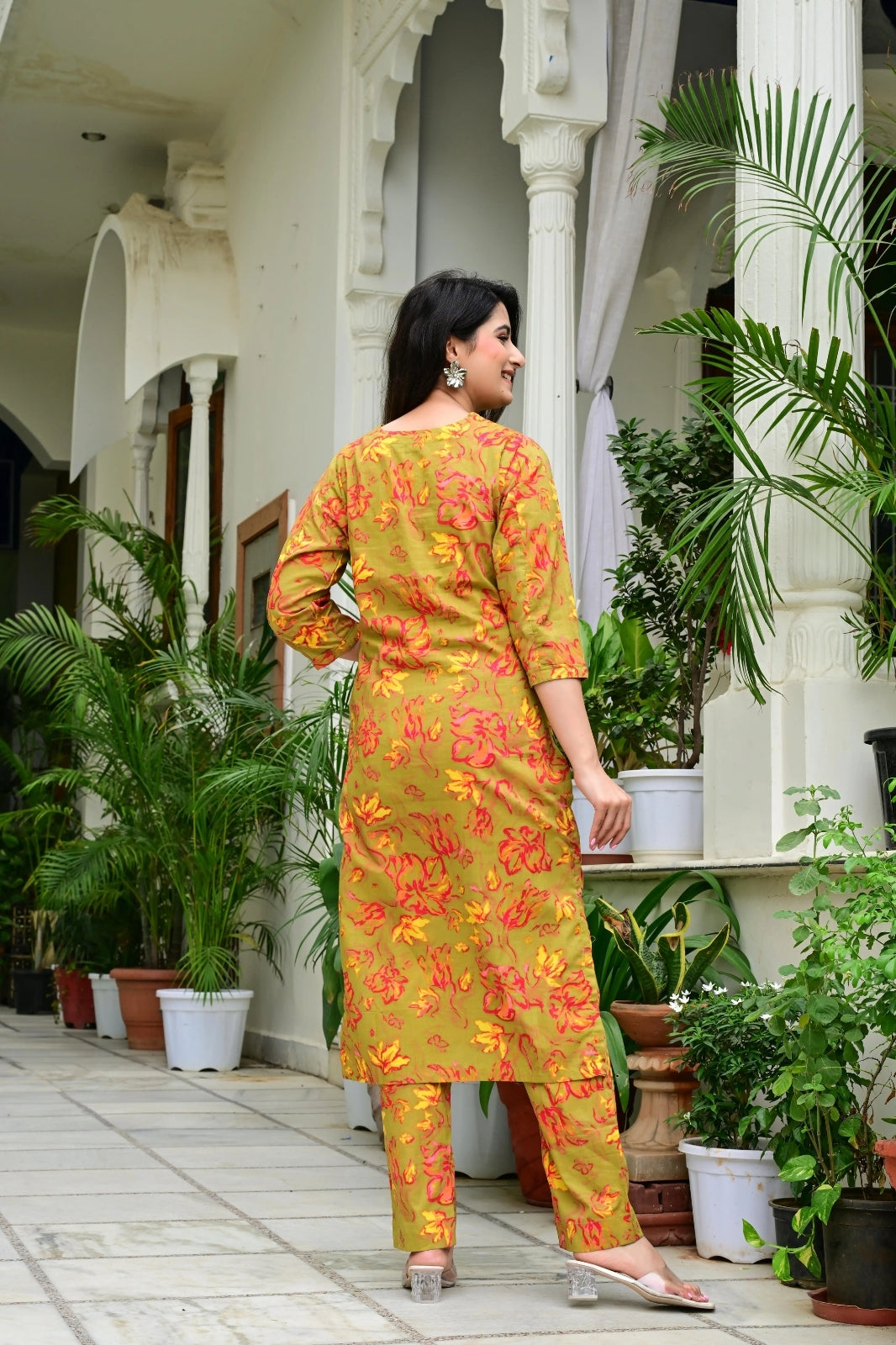 Mustard Mal Cotton Printed Suit Set with Neck Embroidery