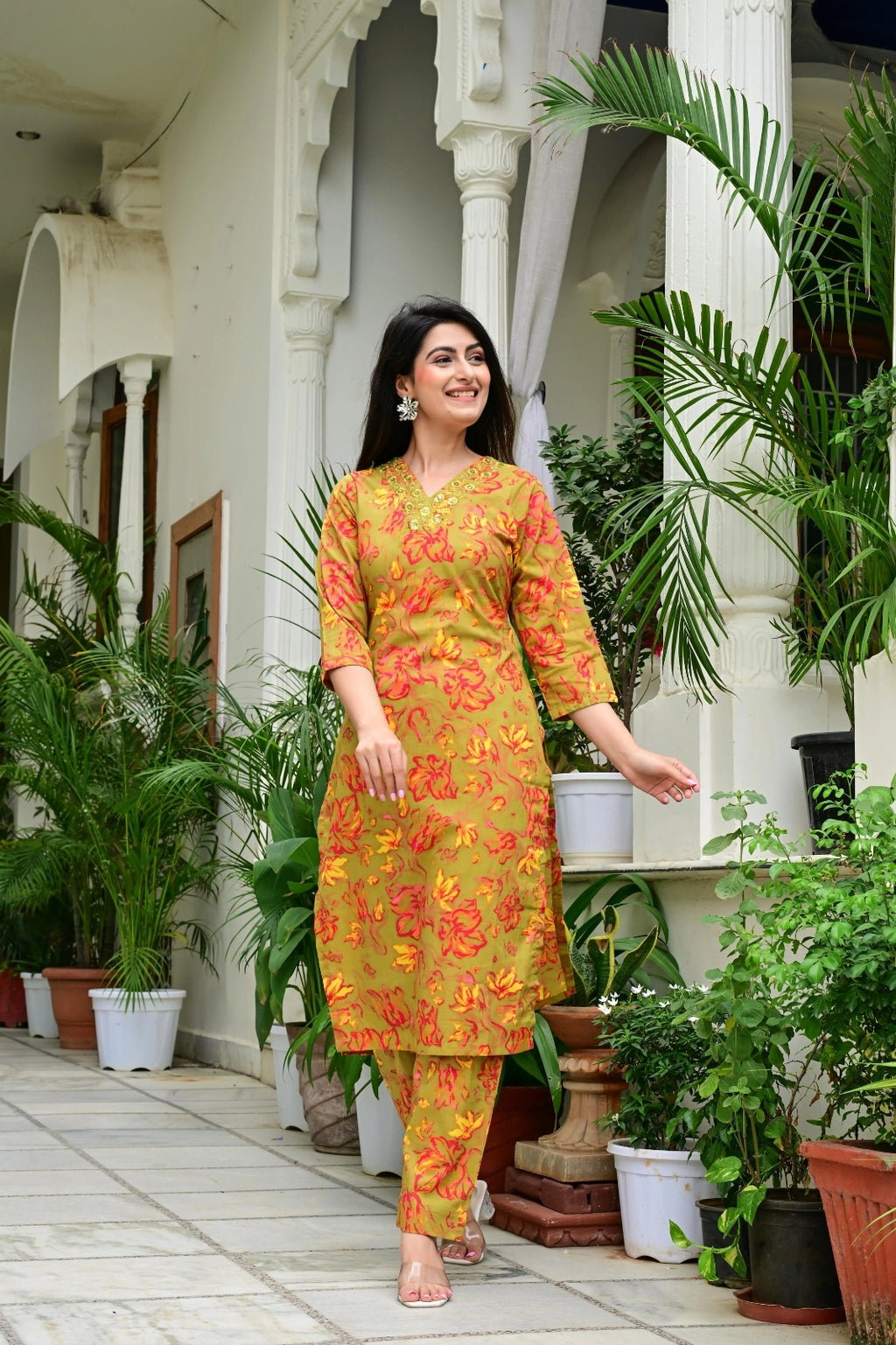 Mustard Mal Cotton Printed Suit Set with Neck Embroidery