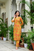 Mustard Mal Cotton Printed Suit Set with Neck Embroidery