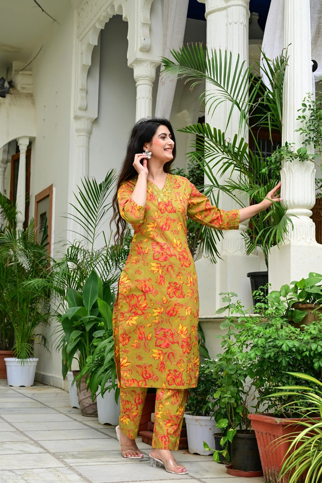 Mustard Mal Cotton Printed Suit Set with Neck Embroidery