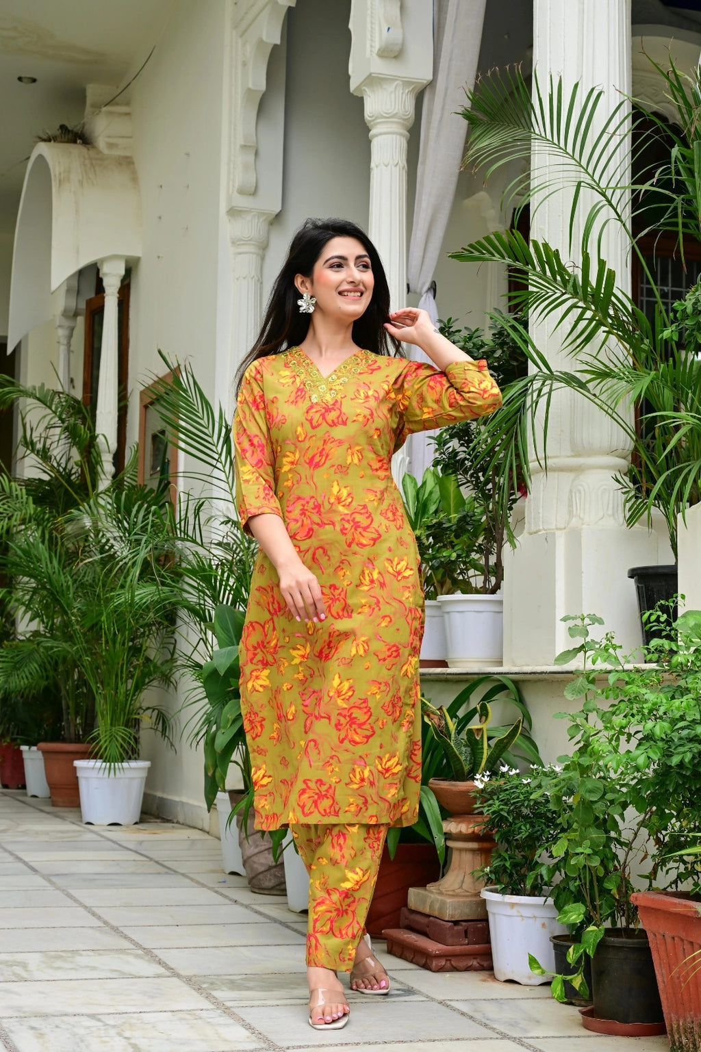Mustard Mal Cotton Printed Suit Set with Neck Embroidery