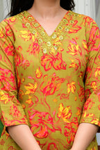 Mustard Mal Cotton Printed Suit Set with Neck Embroidery