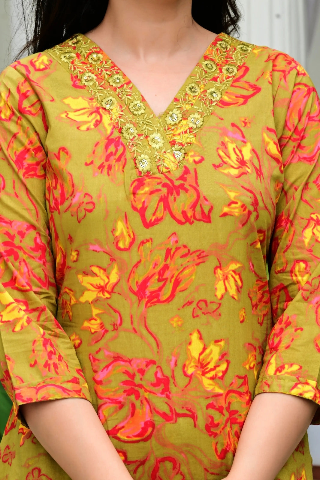 Mustard Mal Cotton Printed Suit Set with Neck Embroidery