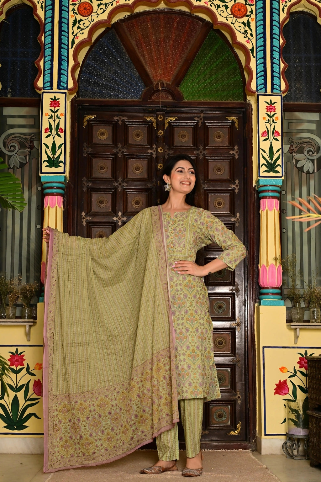 Sea Green (Pista) Pure Cotton 3-Piece Suit Set with Neck Embroidery