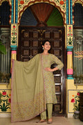 Sea Green (Pista) Pure Cotton 3-Piece Suit Set with Neck Embroidery