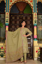 Sea Green (Pista) Pure Cotton 3-Piece Suit Set with Neck Embroidery