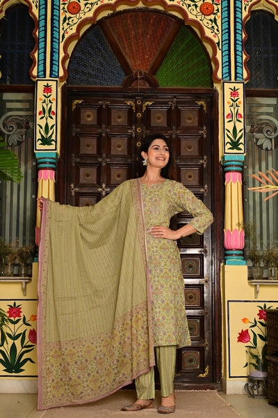 Sea Green (Pista) Pure Cotton 3-Piece Suit Set with Neck Embroidery