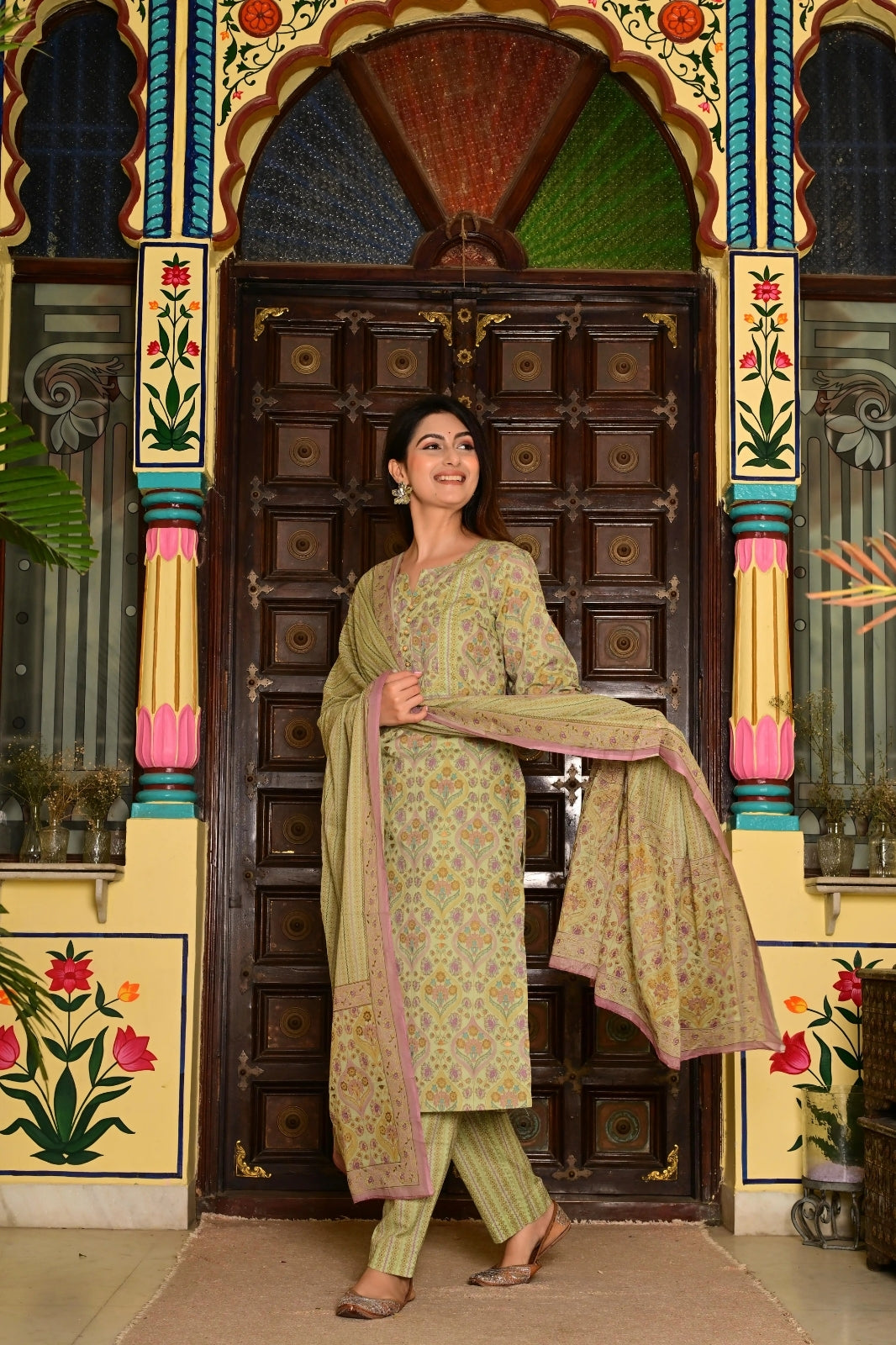 Sea Green (Pista) Pure Cotton 3-Piece Suit Set with Neck Embroidery