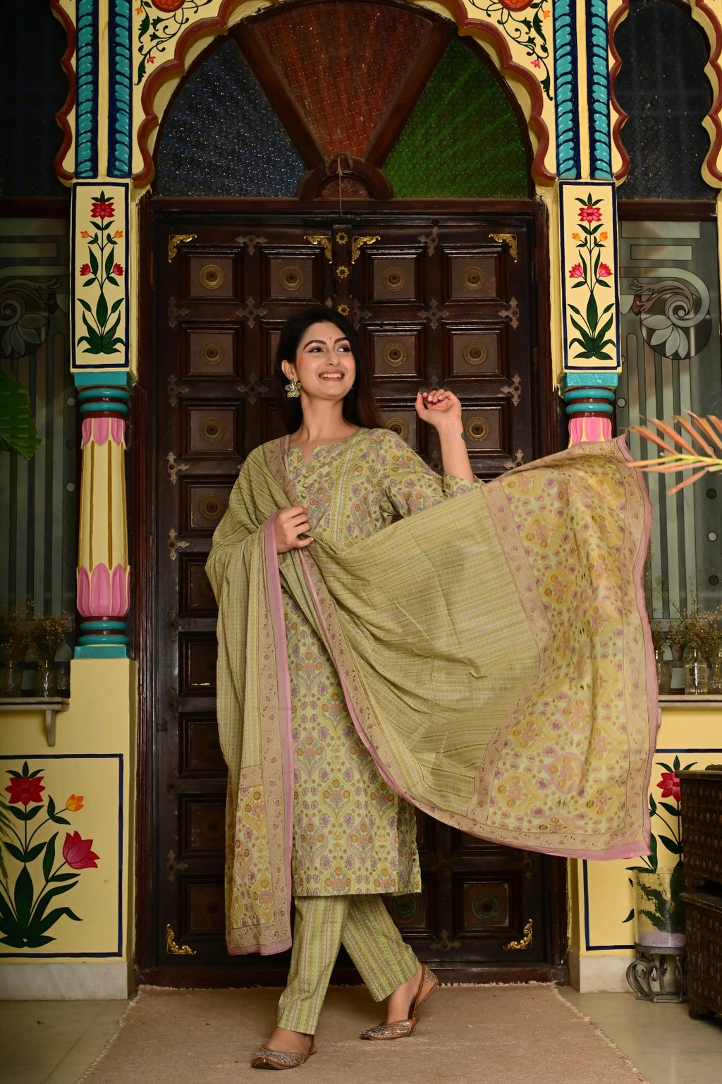 Sea Green (Pista) Pure Cotton 3-Piece Suit Set with Neck Embroidery