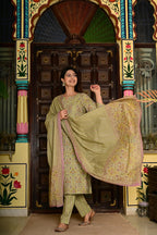 Sea Green (Pista) Pure Cotton 3-Piece Suit Set with Neck Embroidery