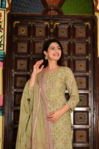 Sea Green (Pista) Pure Cotton 3-Piece Suit Set with Neck Embroidery