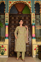 Sea Green (Pista) Pure Cotton 3-Piece Suit Set with Neck Embroidery