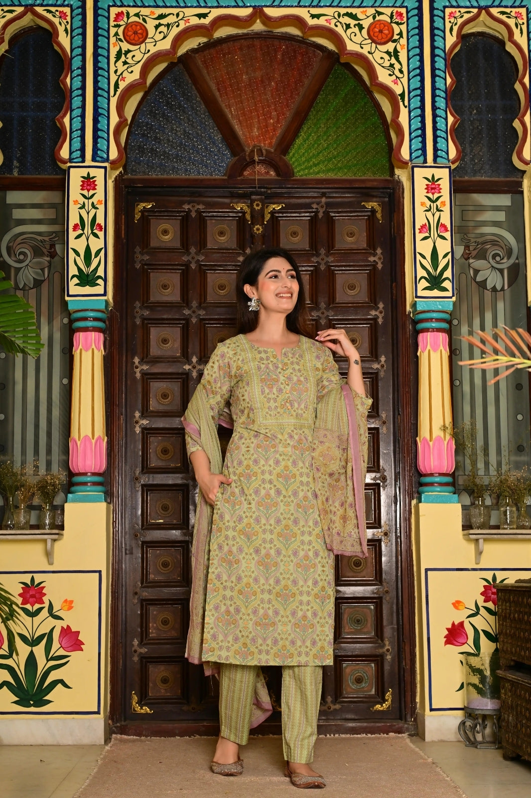 Sea Green (Pista) Pure Cotton 3-Piece Suit Set with Neck Embroidery