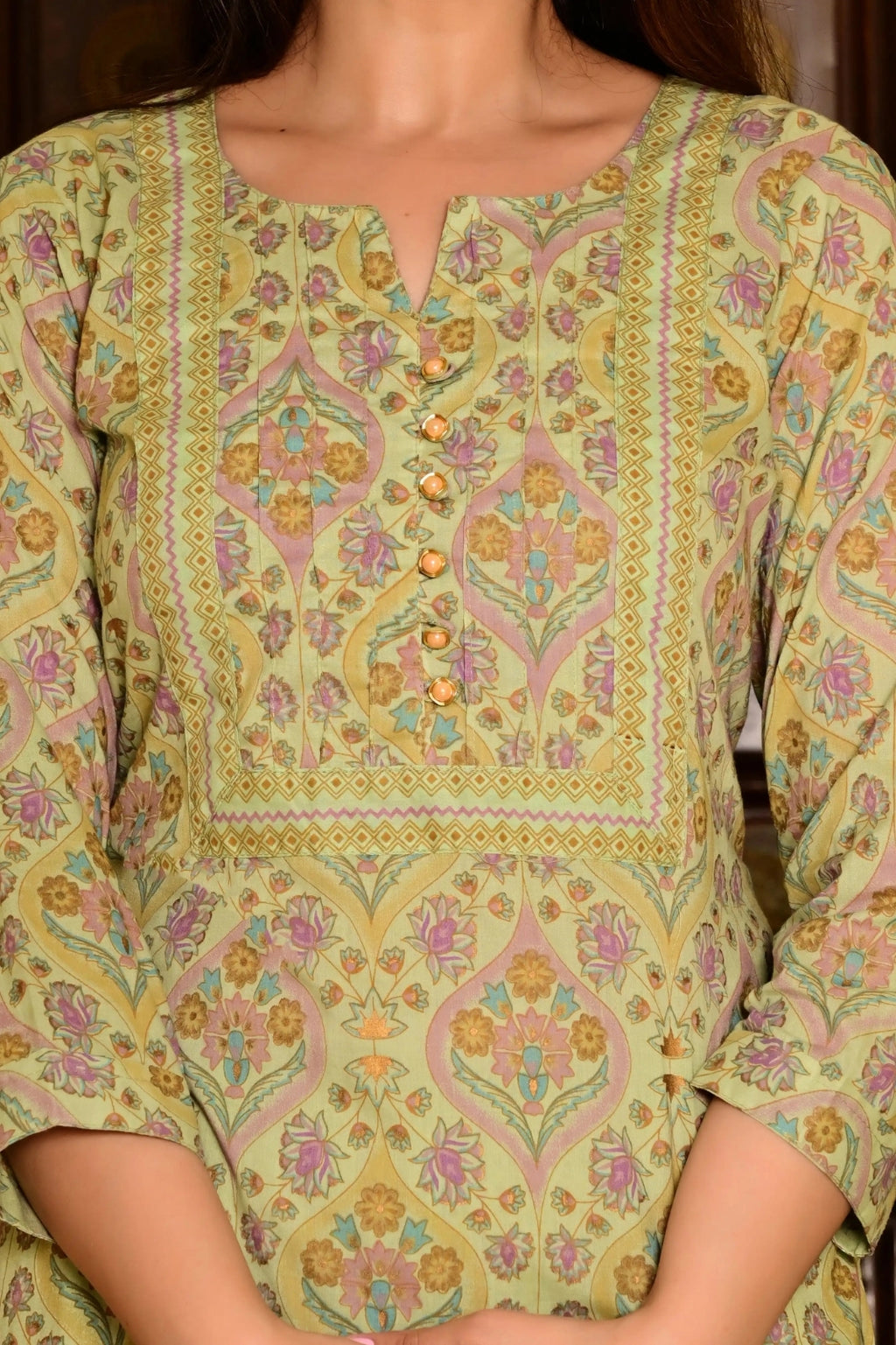 Sea Green (Pista) Pure Cotton 3-Piece Suit Set with Neck Embroidery