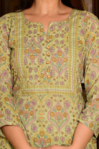 Sea Green (Pista) Pure Cotton 3-Piece Suit Set with Neck Embroidery