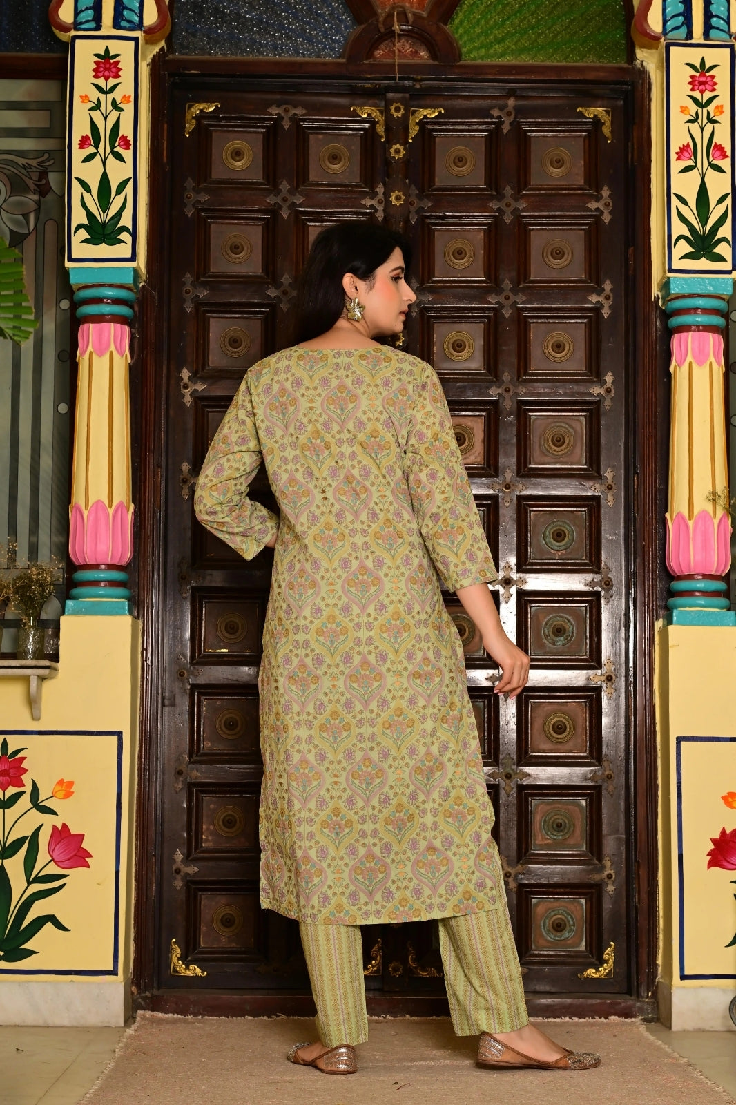 Sea Green (Pista) Pure Cotton 3-Piece Suit Set with Neck Embroidery