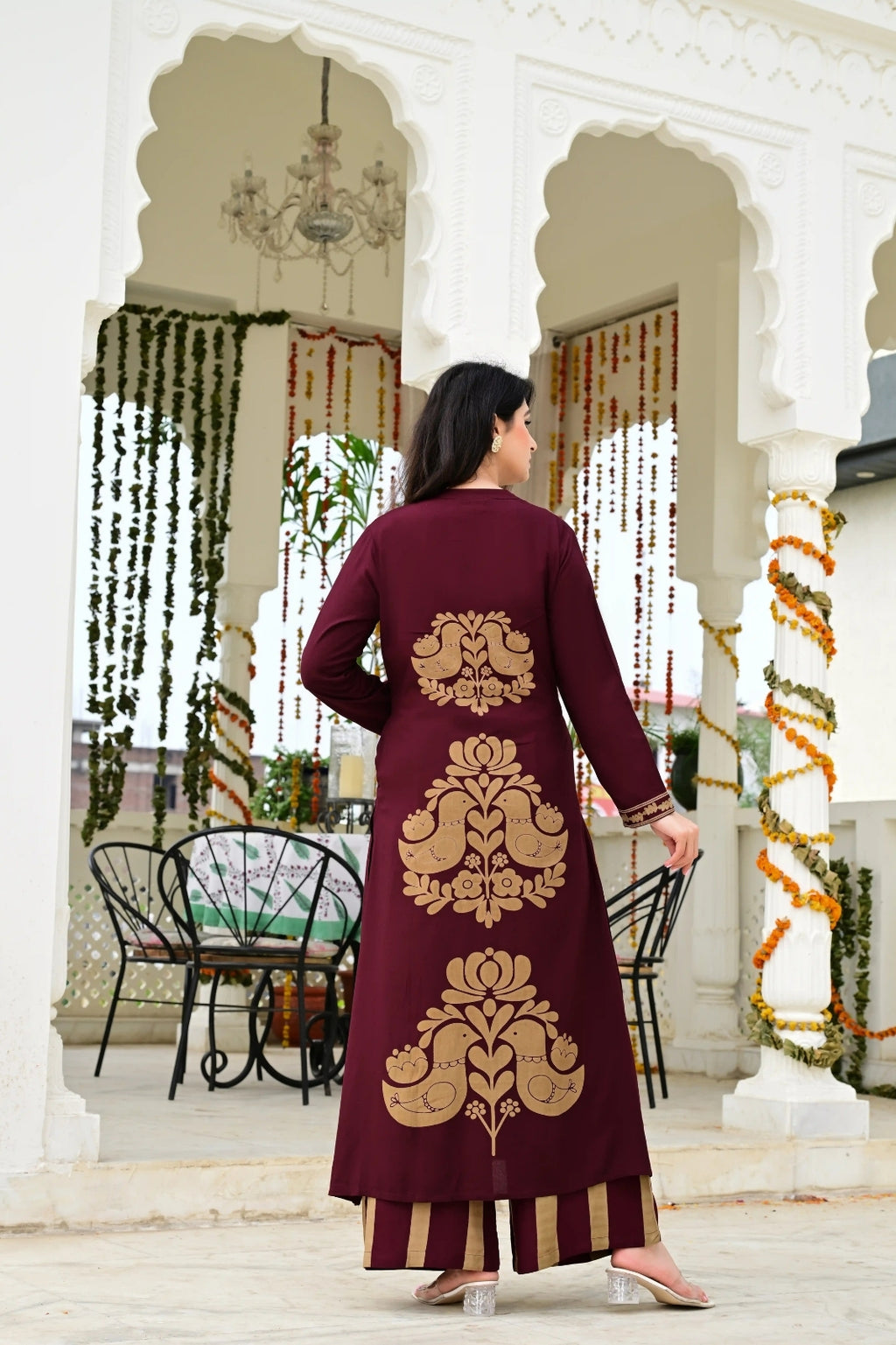 Mehroon Imported Rayon 2-Piece Block Print Suit Set with Katha Embroidery