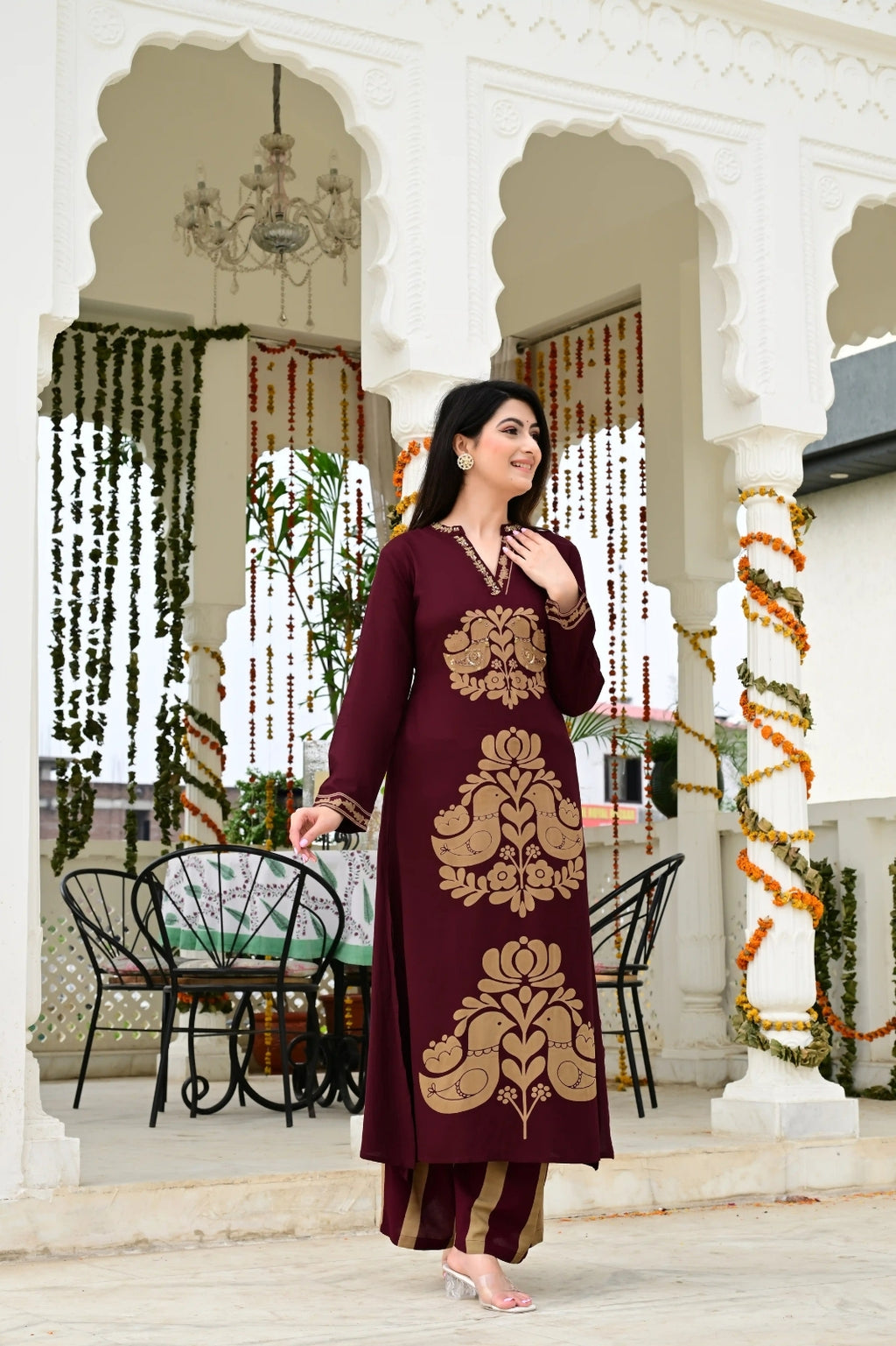 Mehroon Imported Rayon 2-Piece Block Print Suit Set with Katha Embroidery