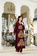 Mehroon Imported Rayon 2-Piece Block Print Suit Set with Katha Embroidery