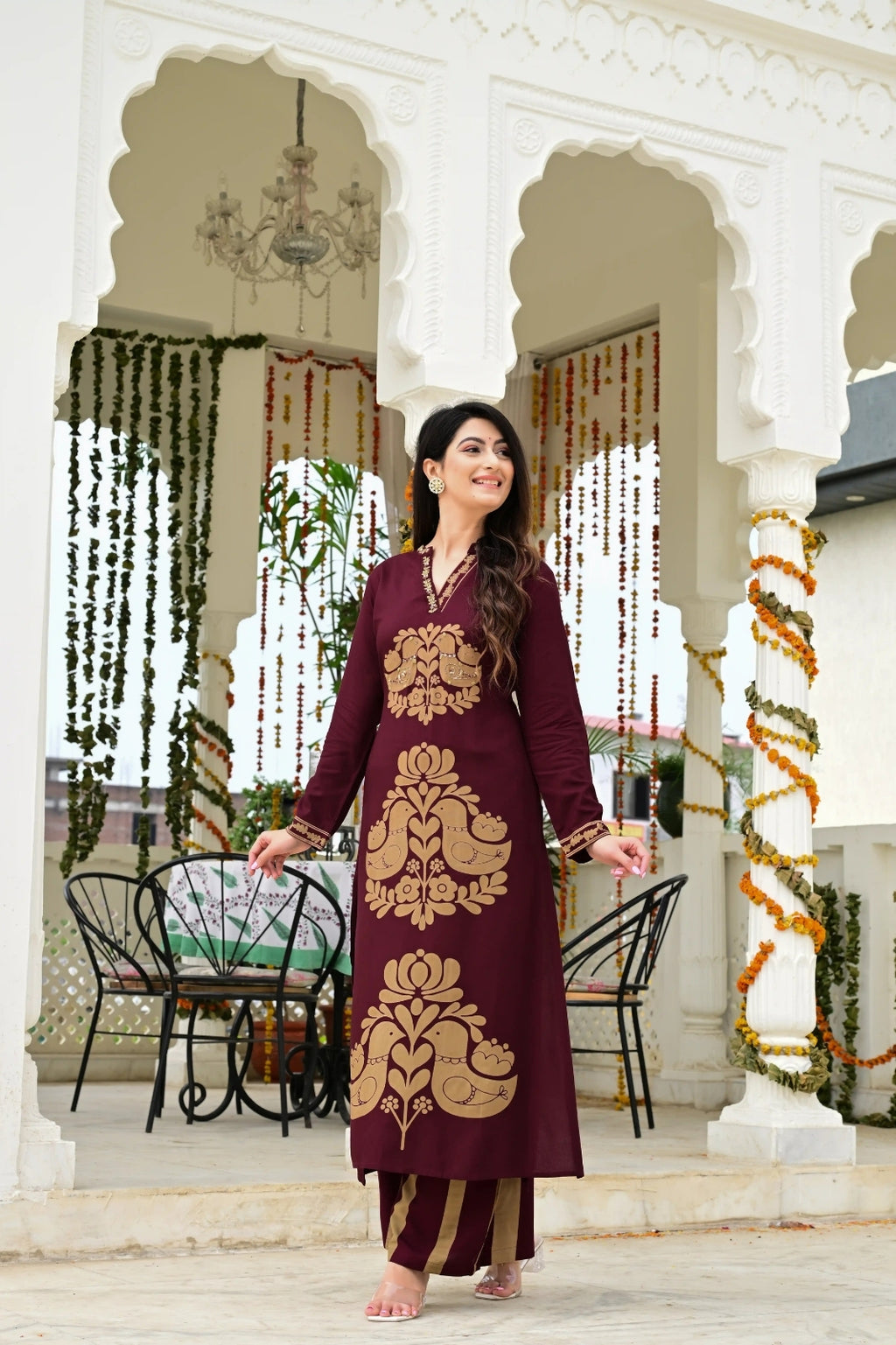 Mehroon Imported Rayon 2-Piece Block Print Suit Set with Katha Embroidery