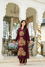 Mehroon Imported Rayon 2-Piece Block Print Suit Set with Katha Embroidery