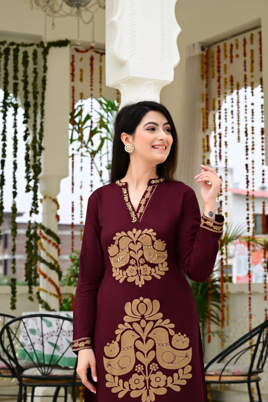 Mehroon Imported Rayon 2-Piece Block Print Suit Set with Katha Embroidery