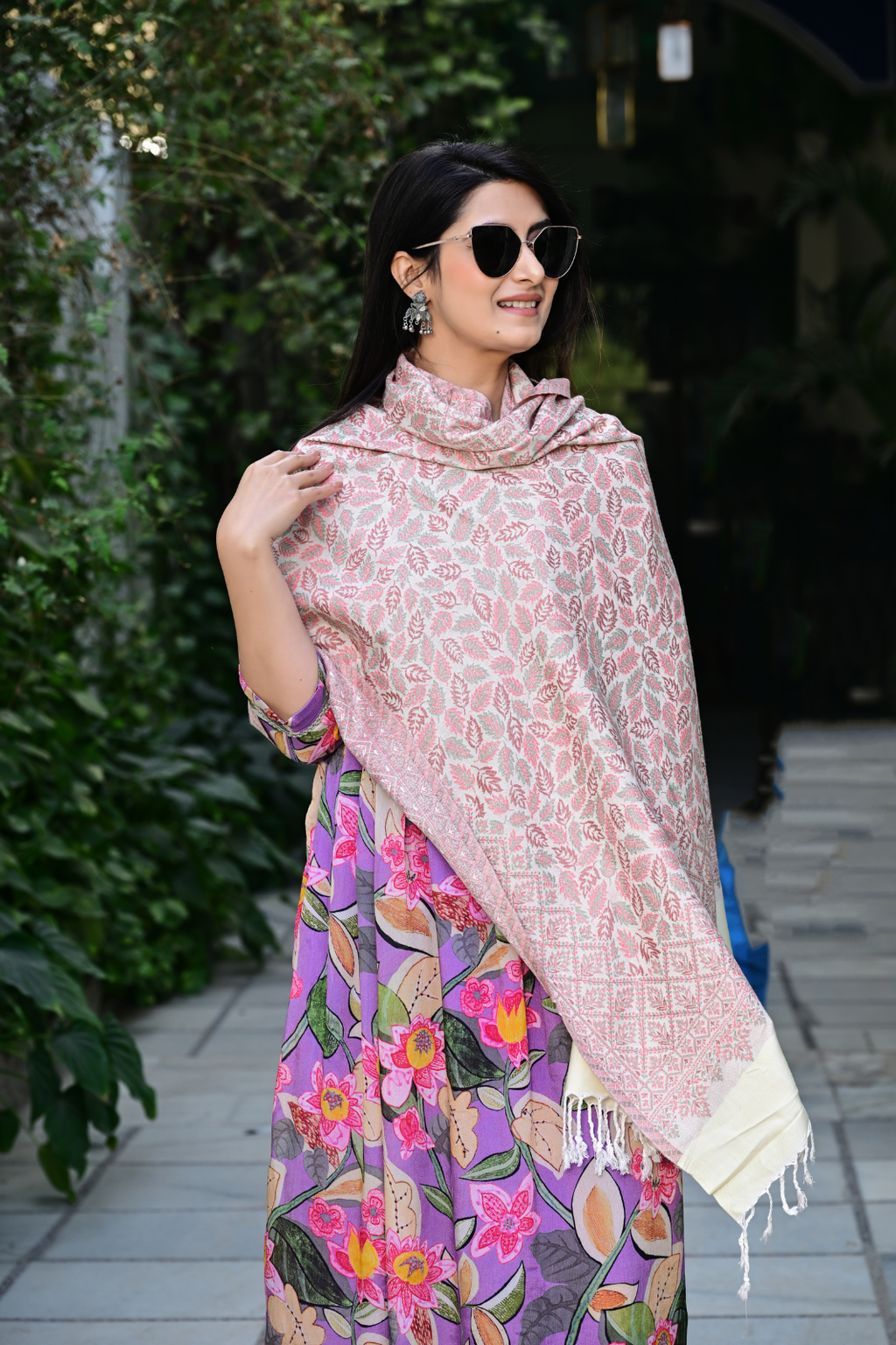 Soft Pastel Shawl with Floral & Geometric Weaving