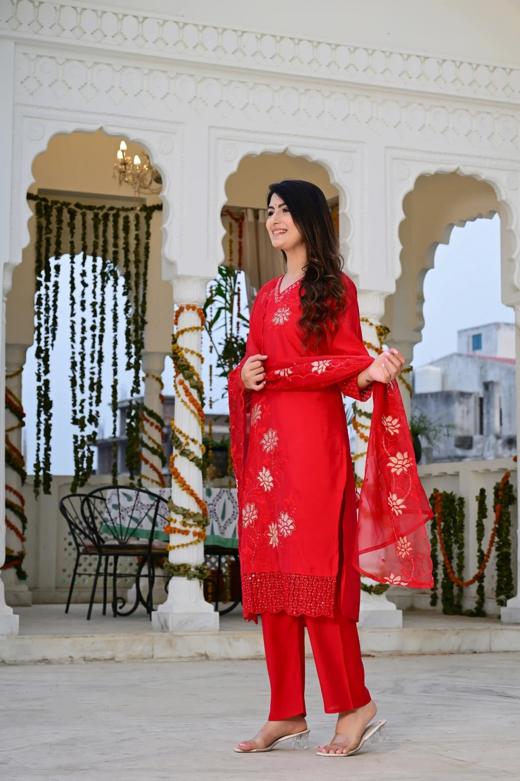 Red Cotton 3-Piece Suit Set with Heavy Embroidery & Organza Dupatta