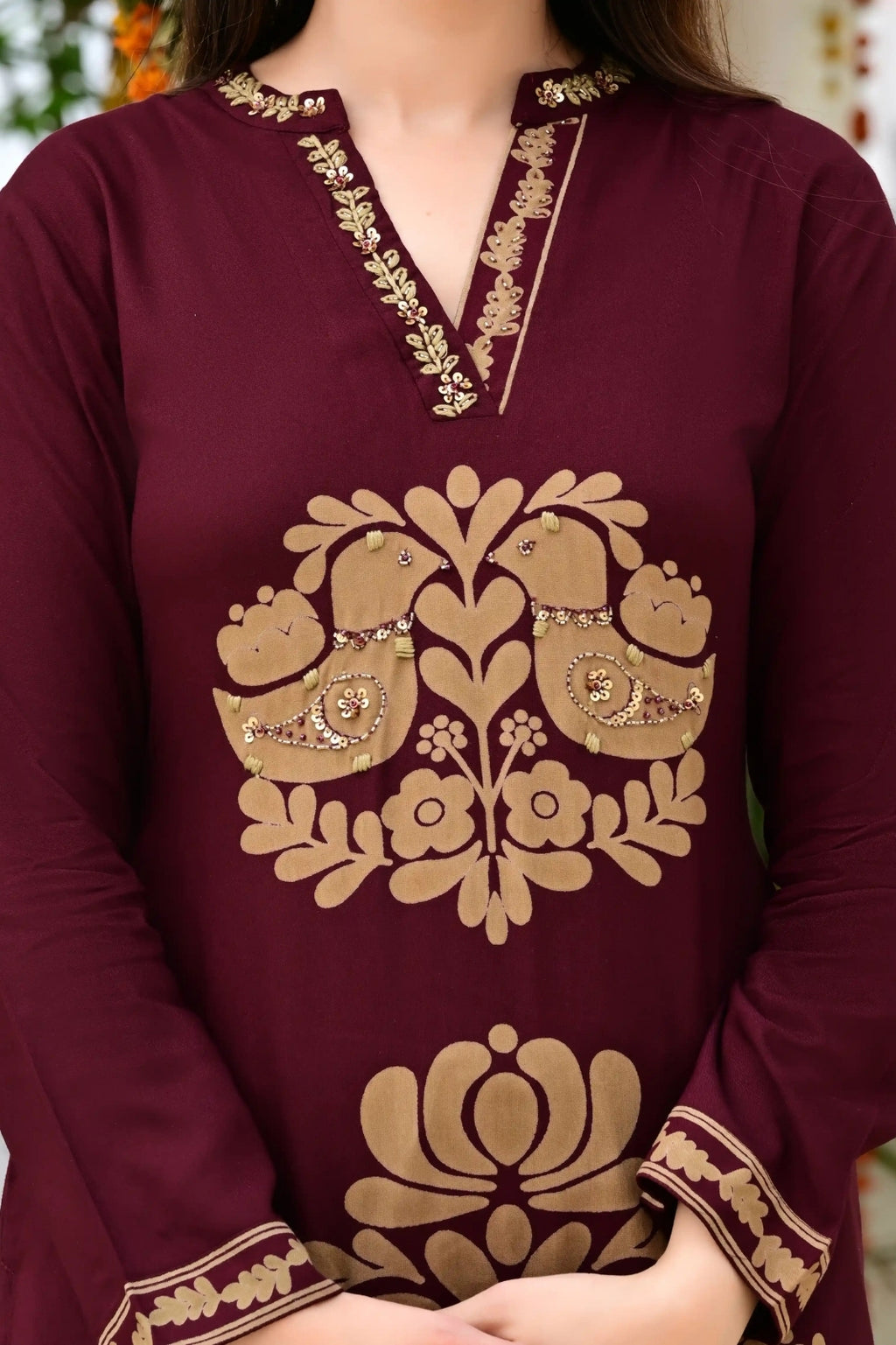 Mehroon Imported Rayon 2-Piece Block Print Suit Set with Katha Embroidery