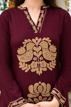 Mehroon Imported Rayon 2-Piece Block Print Suit Set with Katha Embroidery