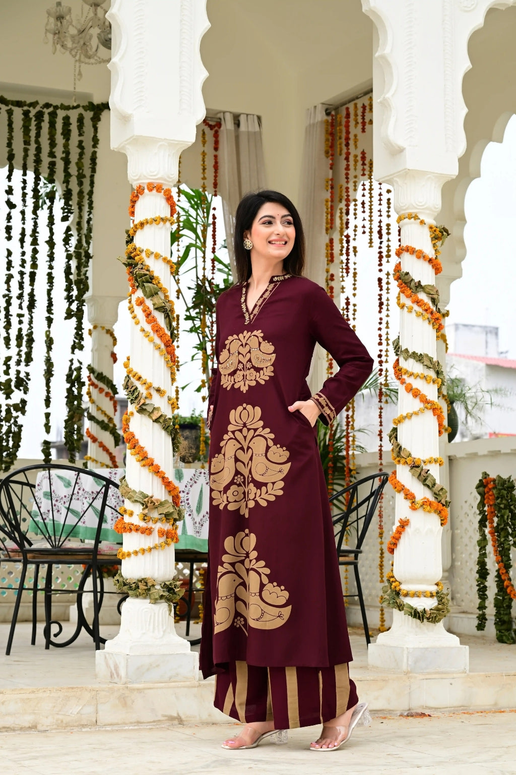 Mehroon Imported Rayon 2-Piece Block Print Suit Set with Katha Embroidery