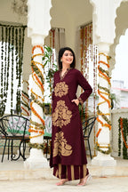 Mehroon Imported Rayon 2-Piece Block Print Suit Set with Katha Embroidery