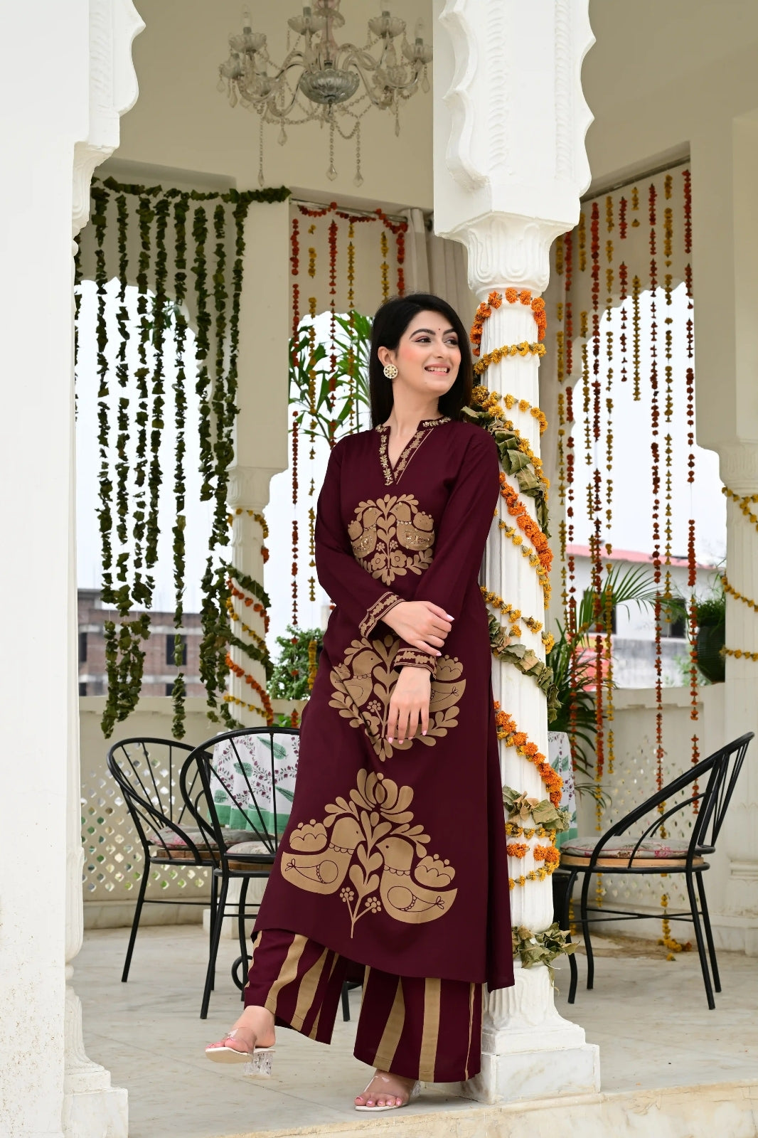 Mehroon Imported Rayon 2-Piece Block Print Suit Set with Katha Embroidery