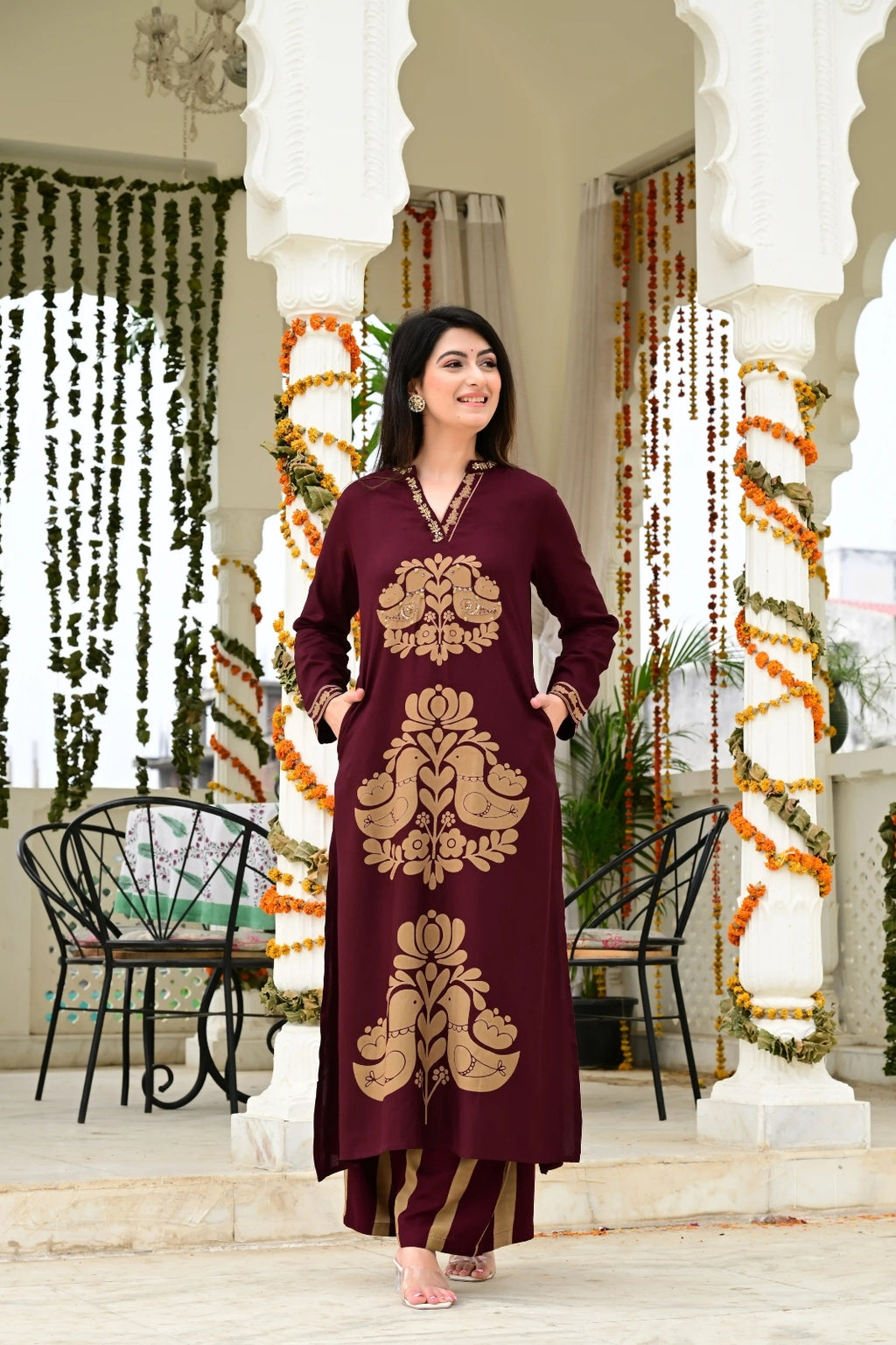 Mehroon Imported Rayon 2-Piece Block Print Suit Set with Katha Embroidery