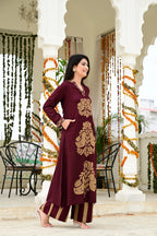 Mehroon Imported Rayon 2-Piece Block Print Suit Set with Katha Embroidery