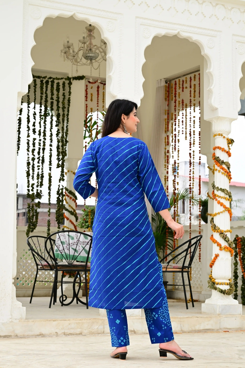 Blue Pure Mal Cotton 3-Piece Suit Set with Leheriya Neck Embroidery