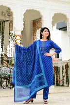 Blue Pure Mal Cotton 3-Piece Suit Set with Leheriya Neck Embroidery